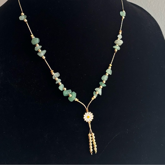 Jewelry - Gold Chain Necklace with Green Bead Accents and Daisy Pendant